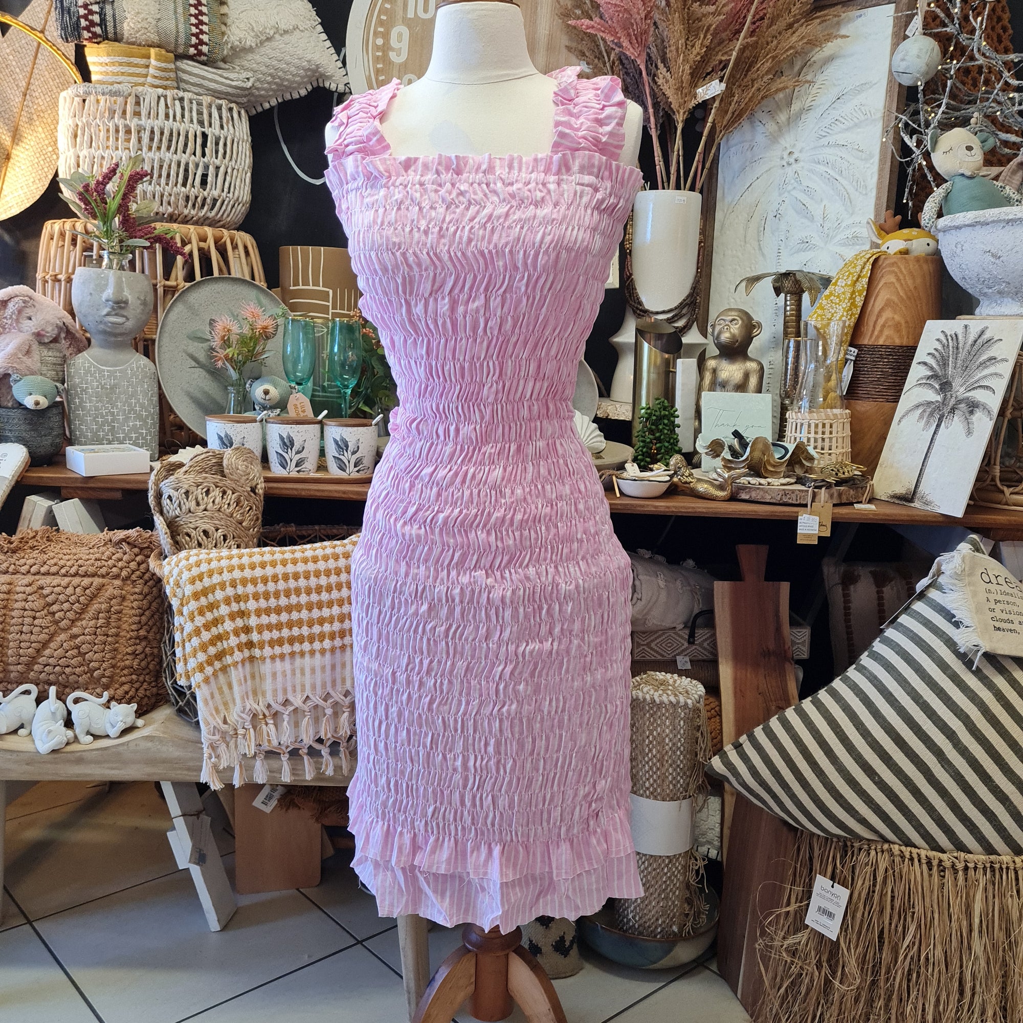 Shirr Dress Pink White Stripe - Coastalfunk