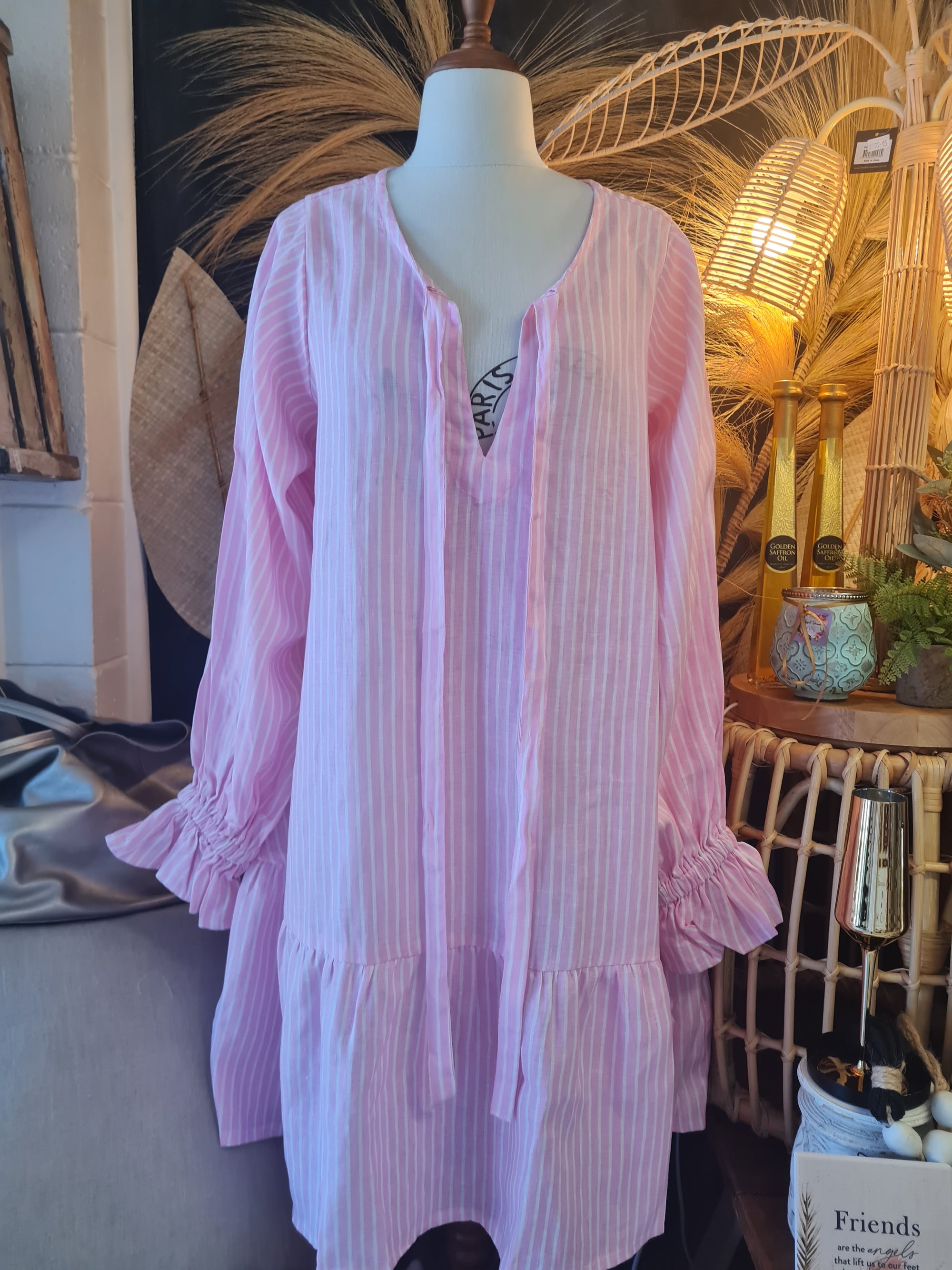 Flowy Linen Dress with gathered sleeves, ties and pockets - Coastalfunk