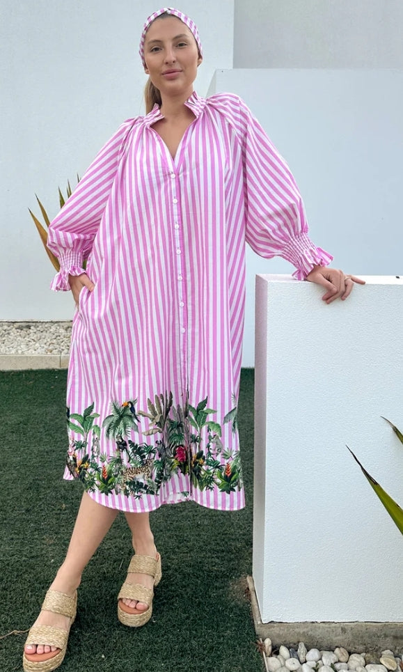 Pink White stripe tropical button through dress