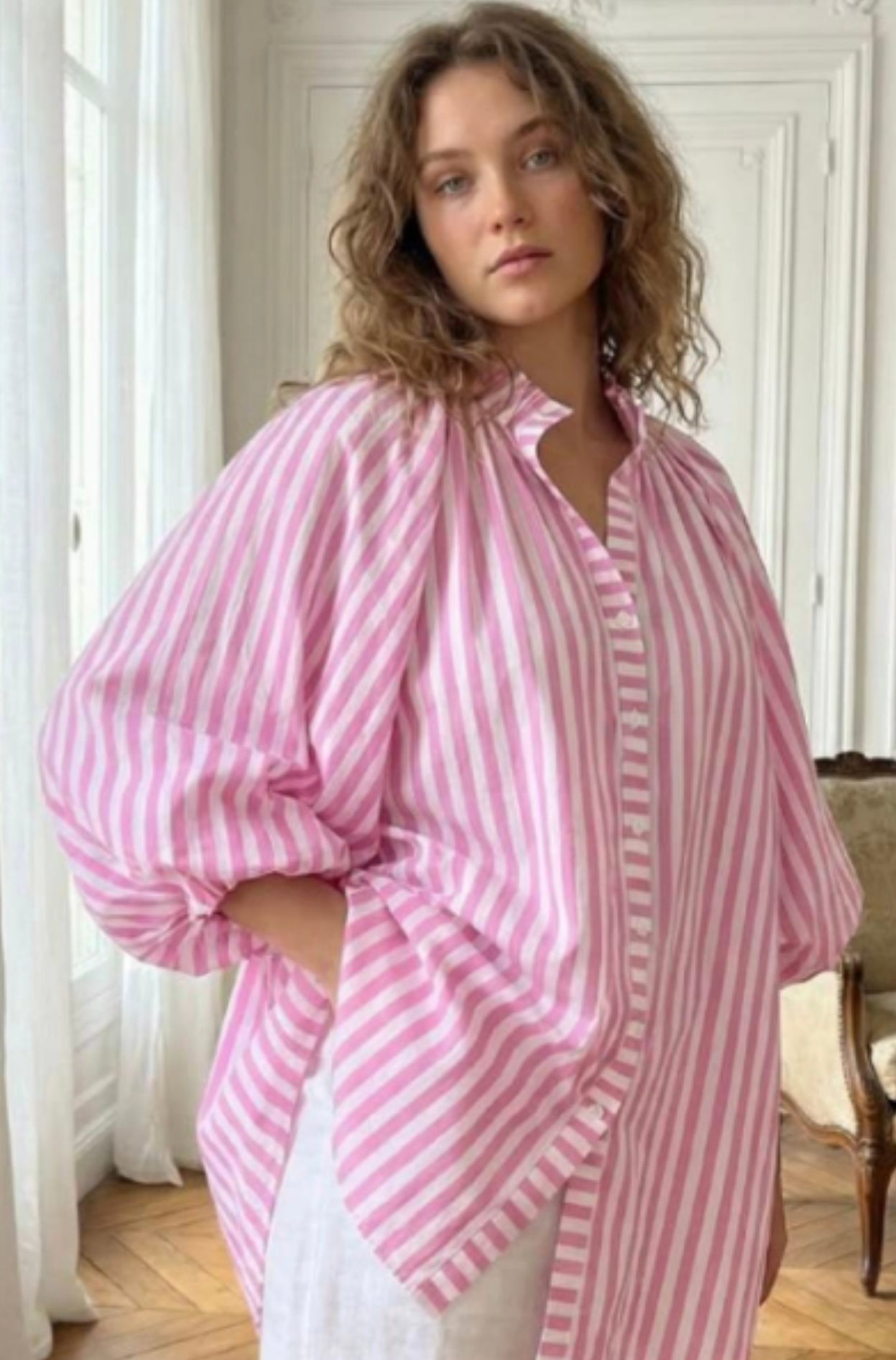 Women's Pink & White Stripe Cotton Ruffle Top | Coastalfunk