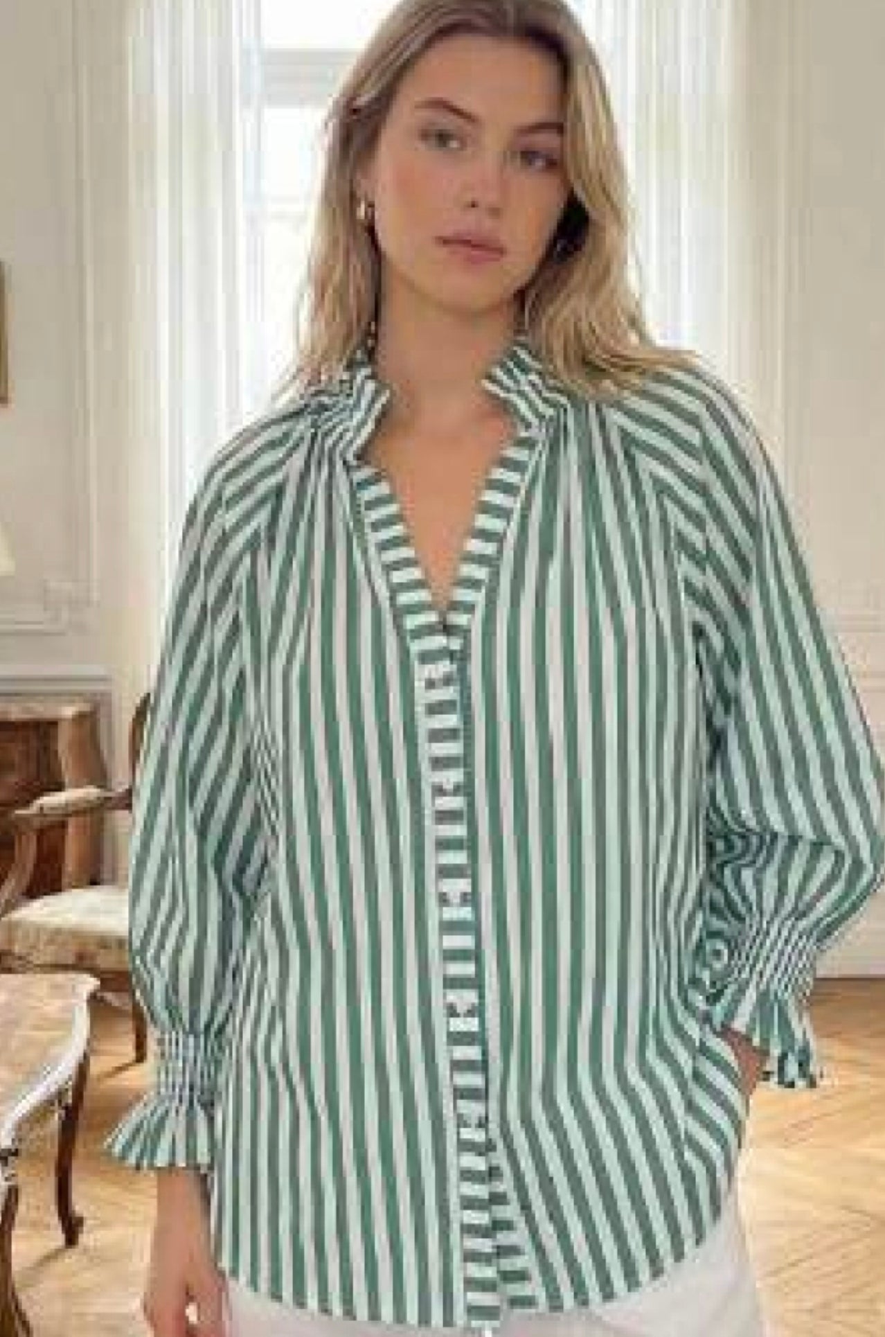 Women's Green & White Stripe Cotton Ruffle Top | Coastalfunk