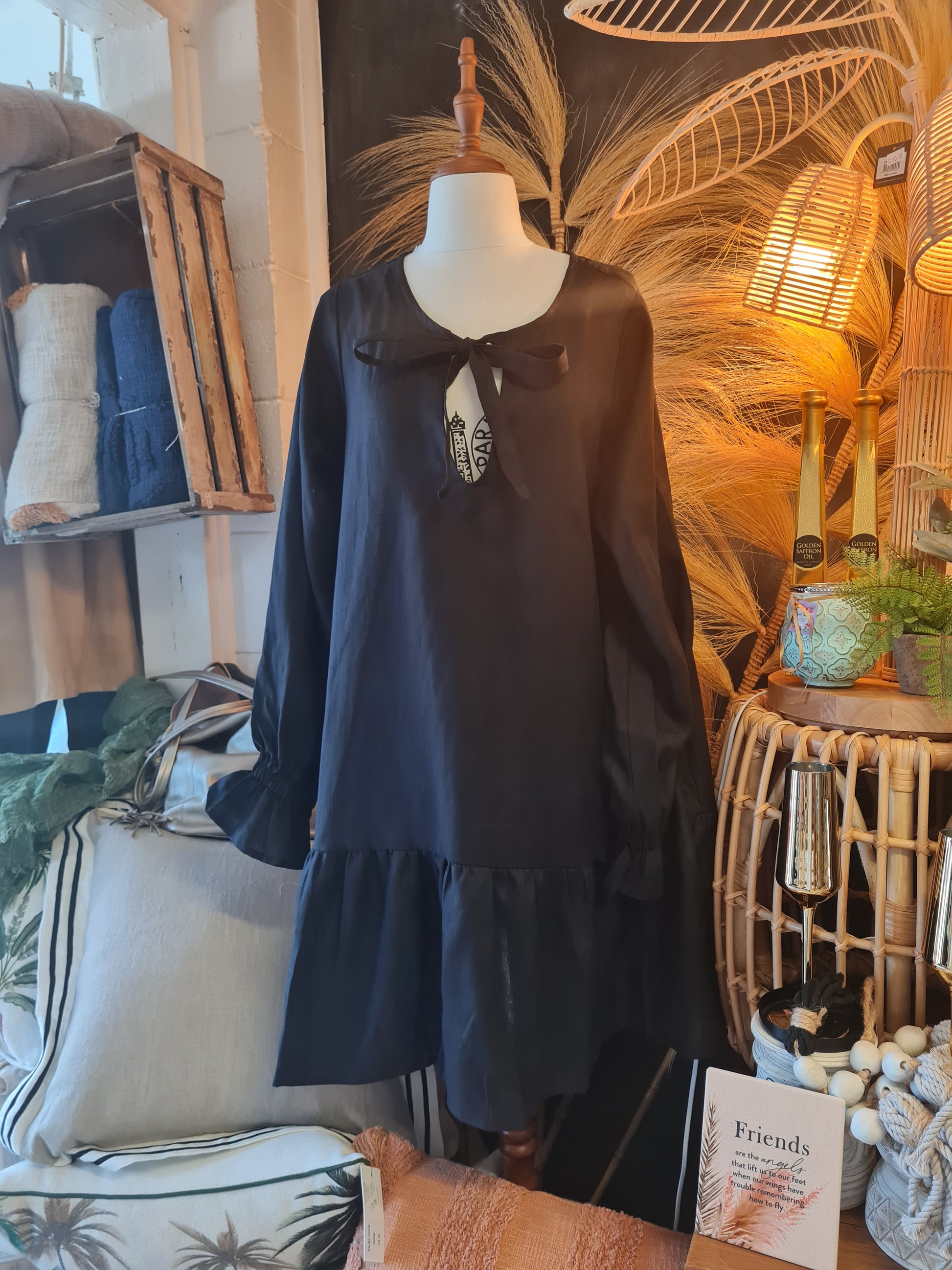 Flowy Linen Dress with gathered sleeves, ties and pockets - Coastalfunk