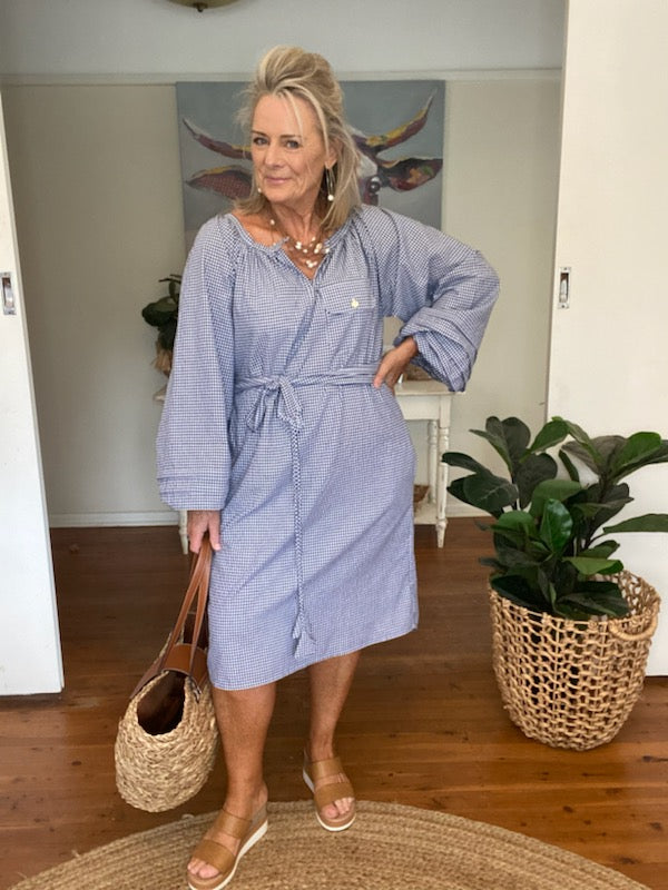 Gingham Navy Check Dress with tie (customised length) - Coastalfunk