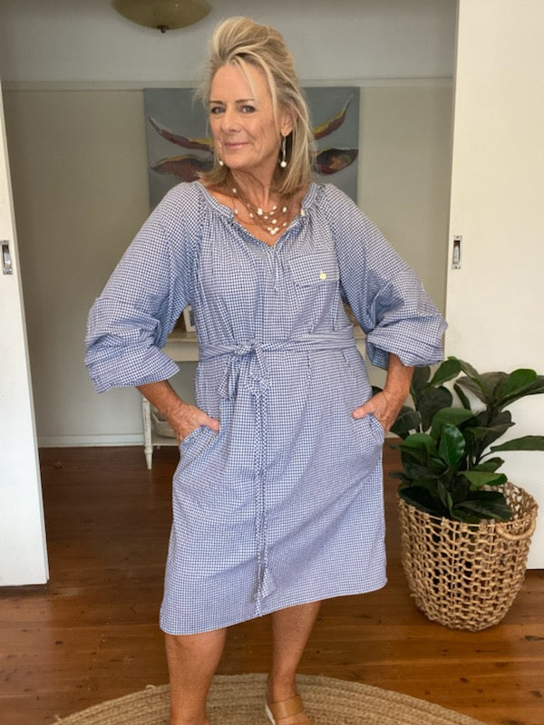 Gingham Navy Check Dress with tie (customised length) - Coastalfunk