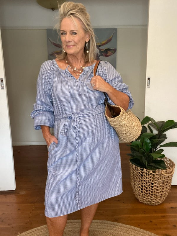 Gingham Navy Check Dress with tie (customised length) - Coastalfunk