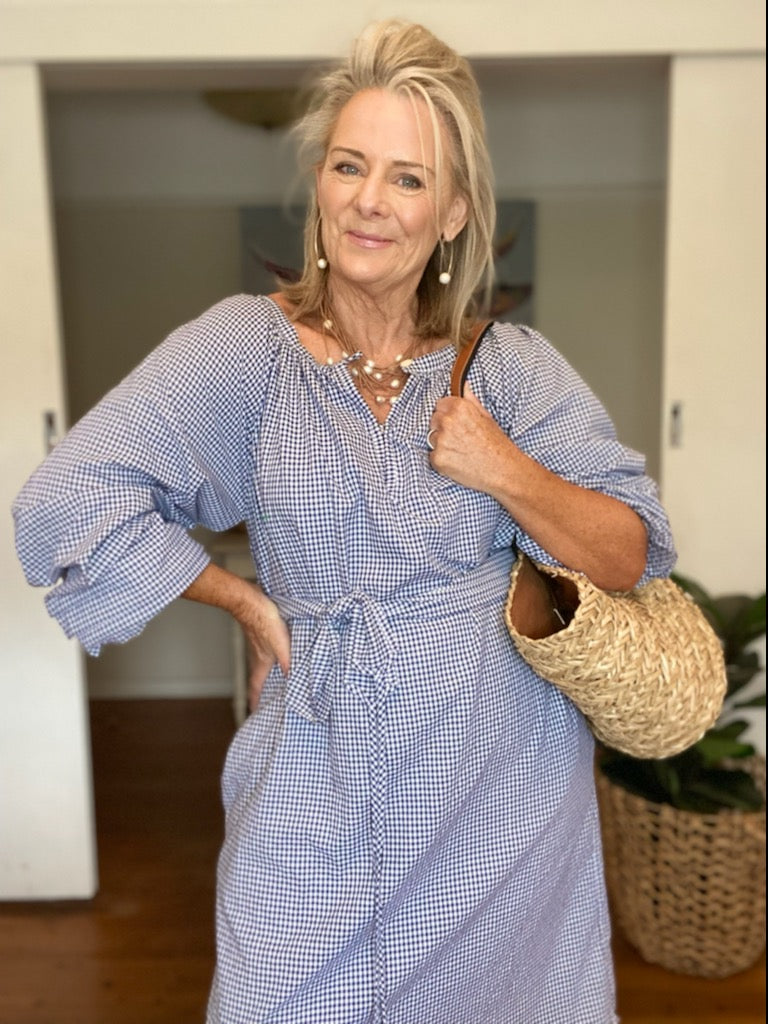 Gingham Navy Check Dress with tie (customised length) - Coastalfunk