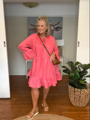 Pink Frill  Linen Dress - Coastalfunk
