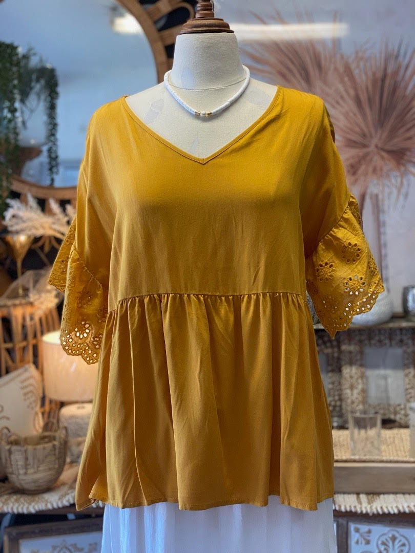 Mustard Eyelet Sleeve Top - Coastalfunk