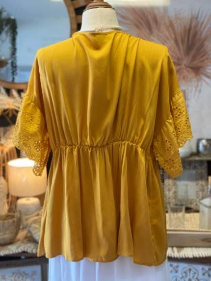Mustard Eyelet Sleeve Top - Coastalfunk